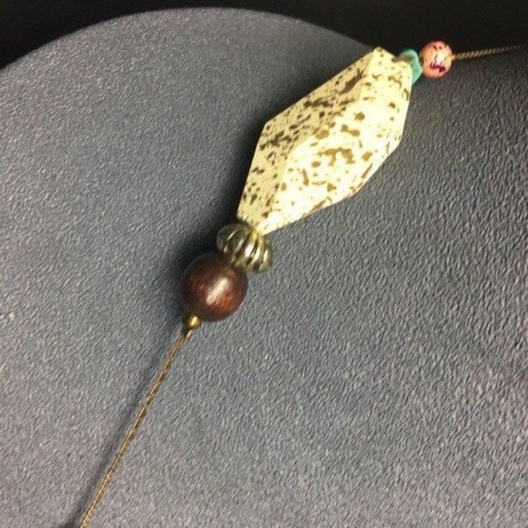 Long Necklace Beige Brown Turquoise Pink Gold Chunky Speckle Faceted Retro BoHo - Picture 2 of 9